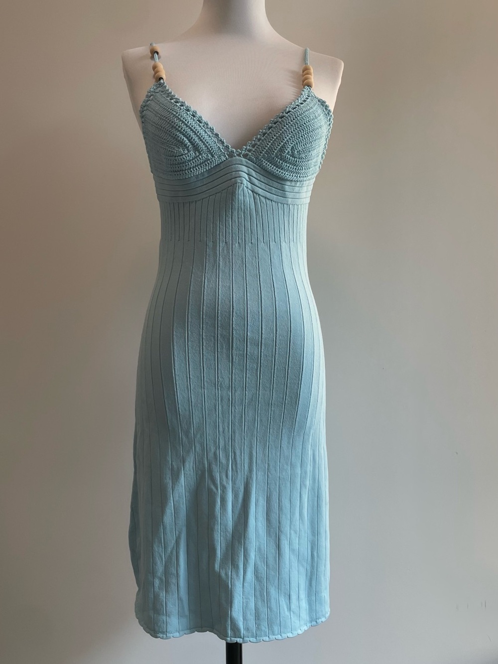 Claudie Pierlot NWOT Light Blue Ribbed Knit Dress with Crochet Bust Brand Sample